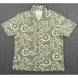 Folk Clothing Shirt Mens Large Green Floral Hawaiian Cuban Open Collar Woven